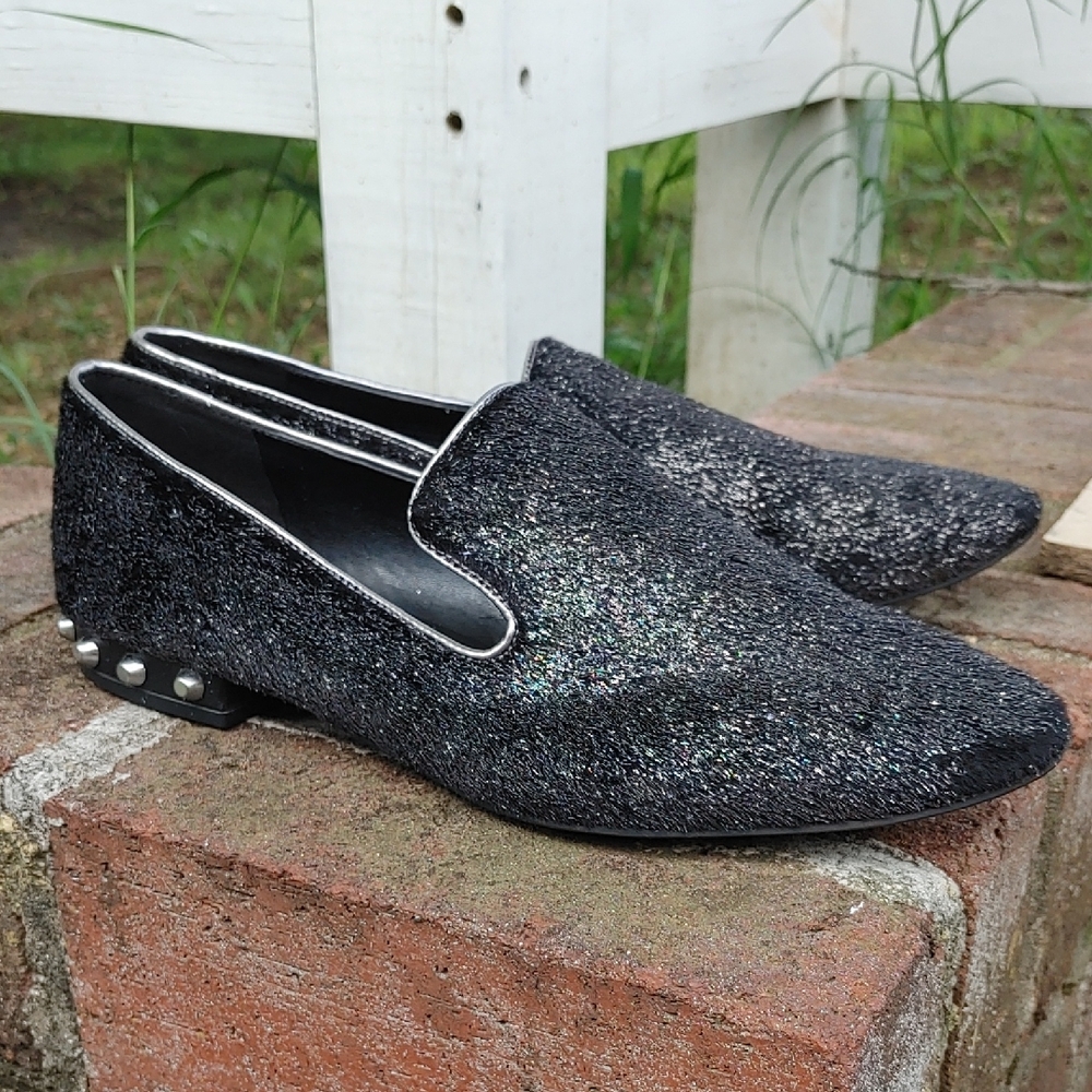 Marc Fisher Black and Silver Glitter Studded Low Heel Abree3 Loafers Size 8